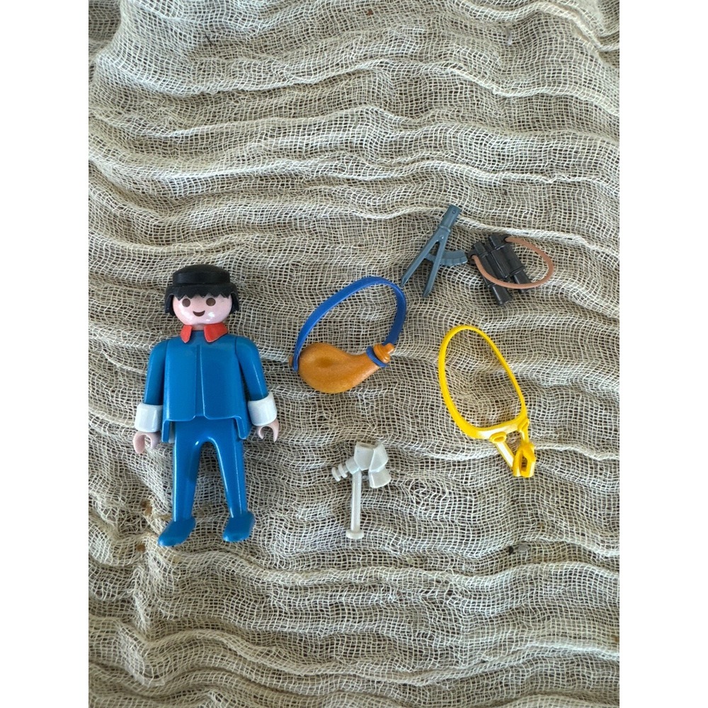 vintage playmobil figure 1974 Blue Shirt red Collar Accessories Binoculars